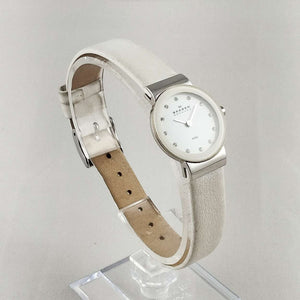 I Like Mikes Mid Century Modern Watches Skagen Women's Petite Watch, Jewel Details, White Genuine Leather Strap