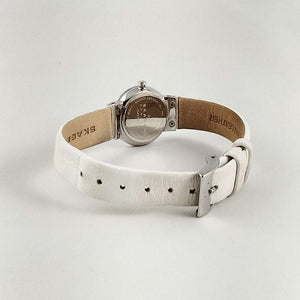 I Like Mikes Mid Century Modern Watches Skagen Women's Petite Watch, Jewel Details, White Genuine Leather Strap