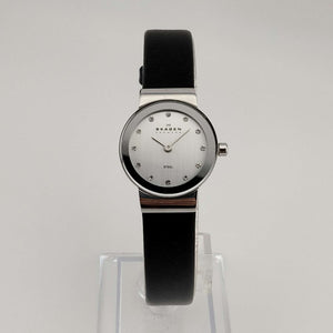 I Like Mikes Mid Century Modern Watches Skagen Women's Petite Watch, Silver Tone and Jewel Details, Genuine Black Leather Strap