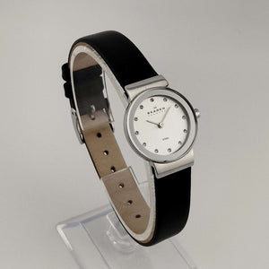 I Like Mikes Mid Century Modern Watches Skagen Women's Petite Watch, Silver Tone and Jewel Details, Genuine Black Leather Strap