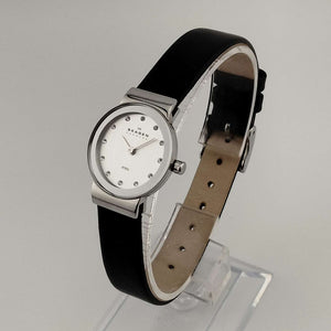 I Like Mikes Mid Century Modern Watches Skagen Women's Petite Watch, Silver Tone and Jewel Details, Genuine Black Leather Strap