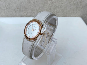 I Like Mikes Mid Century Modern Watches Skagen Women's Rose Gold Tone Round Watch Jeweled Mother of Pearl Dial White Leather Band