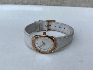 I Like Mikes Mid Century Modern Watches Skagen Women's Rose Gold Tone Round Watch Jeweled Mother of Pearl Dial White Leather Band