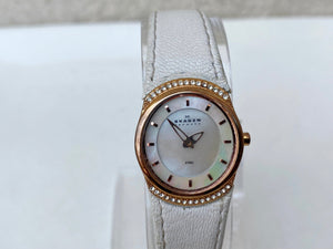 I Like Mikes Mid Century Modern Watches Skagen Women's Rose Gold Tone Round Watch Jeweled Mother of Pearl Dial White Leather Band