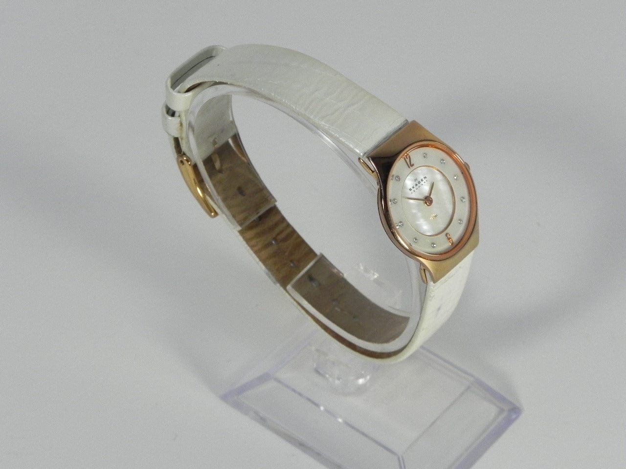 I Like Mikes Mid Century Modern Watches Skagen Women's Rose Gold Tone Round Watch Mother of Pearl Dial White Leather Band