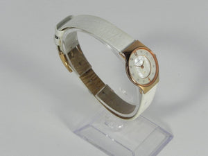 I Like Mikes Mid Century Modern Watches Skagen Women's Rose Gold Tone Round Watch Mother of Pearl Dial White Leather Band