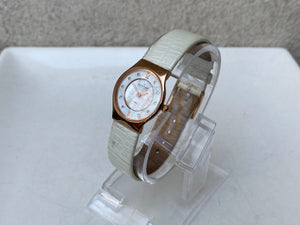 I Like Mikes Mid Century Modern Watches Skagen Women's Rose Gold Tone Round Watch Mother of Pearl Dial White Leather Band