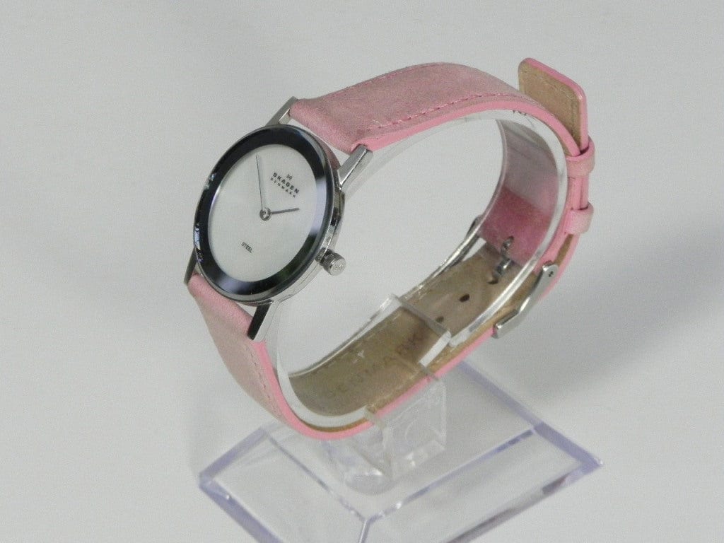 I Like Mikes Mid Century Modern Watches Skagen Women's Round Stainless Steel Mother of Pearl Watch, Leather Band in Light Pink