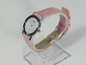 I Like Mikes Mid Century Modern Watches Skagen Women's Round Stainless Steel Mother of Pearl Watch, Leather Band in Light Pink