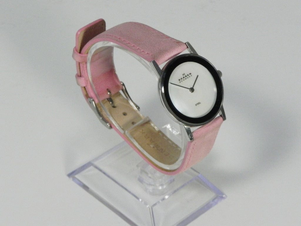 I Like Mikes Mid Century Modern Watches Skagen Women's Round Stainless Steel Mother of Pearl Watch, Leather Band in Light Pink
