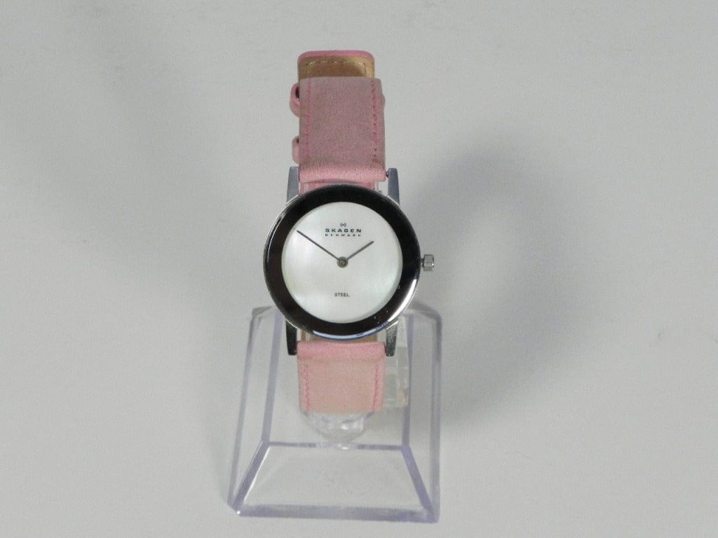 I Like Mikes Mid Century Modern Watches Skagen Women's Round Stainless Steel Mother of Pearl Watch, Leather Band in Light Pink