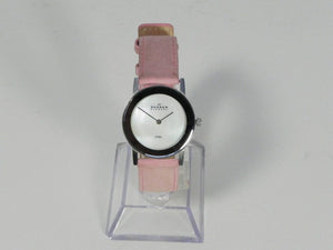 I Like Mikes Mid Century Modern Watches Skagen Women's Round Stainless Steel Mother of Pearl Watch, Leather Band in Light Pink