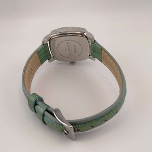 I Like Mikes Mid Century Modern Watches Skagen Women's Silver Tone Square Dial, Jeweled Border, Teal Leather Band