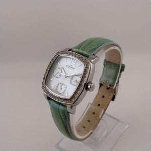 I Like Mikes Mid Century Modern Watches Skagen Women's Silver Tone Square Dial, Jeweled Border, Teal Leather Band