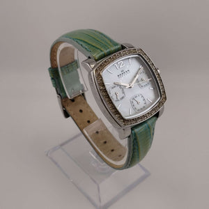 I Like Mikes Mid Century Modern Watches Skagen Women's Silver Tone Square Dial, Jeweled Border, Teal Leather Band