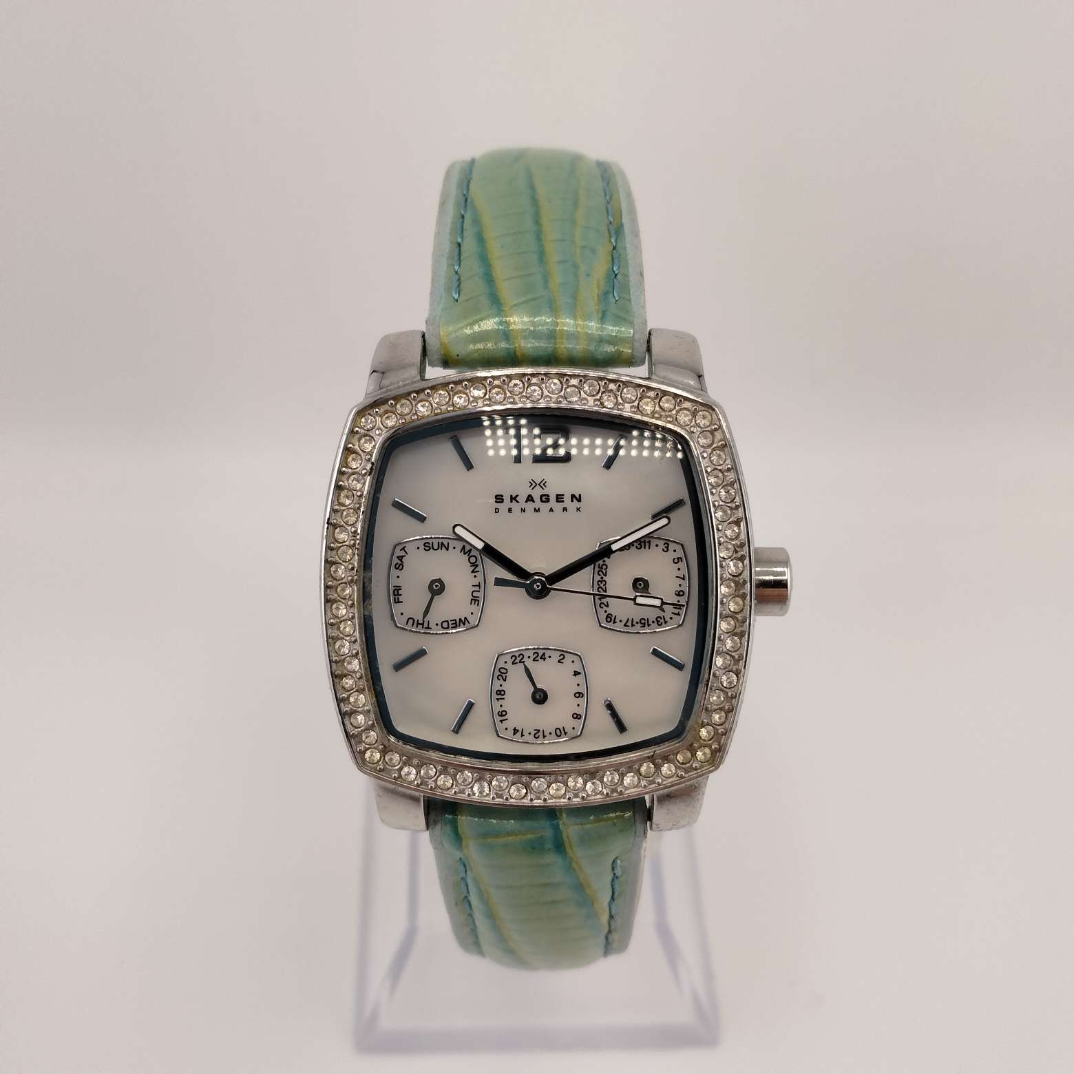 I Like Mikes Mid Century Modern Watches Skagen Women's Silver Tone Square Dial, Jeweled Border, Teal Leather Band