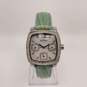 I Like Mikes Mid Century Modern Watches Skagen Women's Silver Tone Square Dial, Jeweled Border, Teal Leather Band