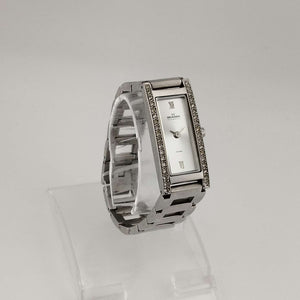 I Like Mikes Mid Century Modern Watches Skagen Women's Silver Tone Watch, Elongated Rectangular Dial, Jewel Detail, Link Strap
