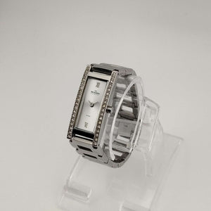 I Like Mikes Mid Century Modern Watches Skagen Women's Silver Tone Watch, Elongated Rectangular Dial, Jewel Detail, Link Strap