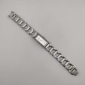 I Like Mikes Mid Century Modern Watches Skagen Women's Silver Tone Watch, Elongated Rectangular Dial, Jewel Detail, Link Strap