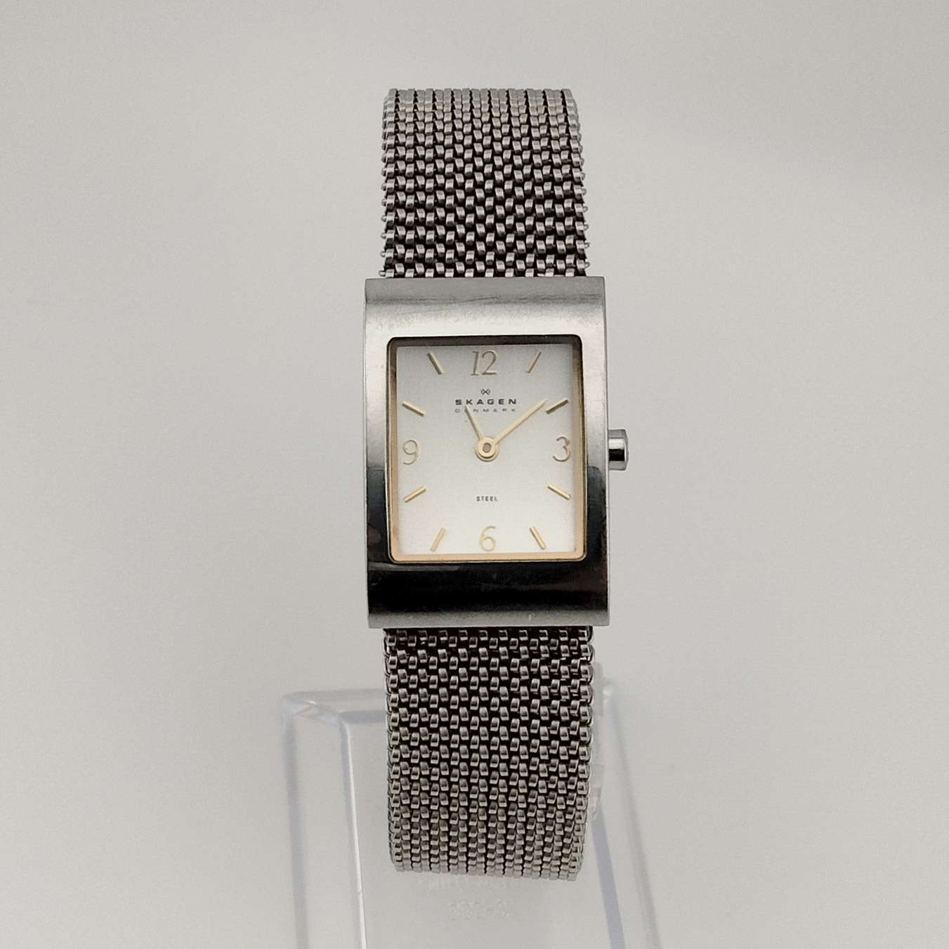 I Like Mikes Mid Century Modern Watches Skagen Women's Silver Tone Watch, Rectangular Dial, Stretch Mesh Strap