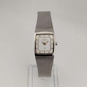 I Like Mikes Mid Century Modern Watches Skagen Women's Silver Tone Watch, Rectangular White Dial, Adjustable Mesh Strap