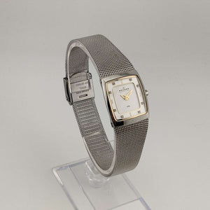I Like Mikes Mid Century Modern Watches Skagen Women's Silver Tone Watch, Rectangular White Dial, Adjustable Mesh Strap