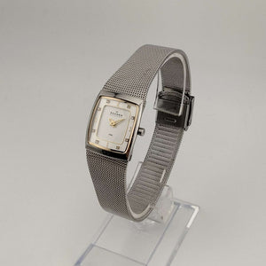I Like Mikes Mid Century Modern Watches Skagen Women's Silver Tone Watch, Rectangular White Dial, Adjustable Mesh Strap