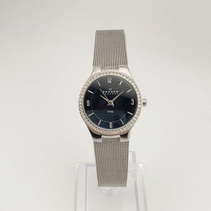 I Like Mikes Mid Century Modern Watches Skagen Women's Silver Tone Watch, Round Black Dial, Bejeweled Bezel, Adjustable Mesh Strap