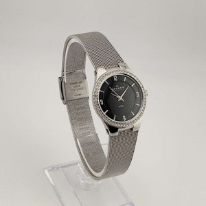 I Like Mikes Mid Century Modern Watches Skagen Women's Silver Tone Watch, Round Black Dial, Bejeweled Bezel, Adjustable Mesh Strap