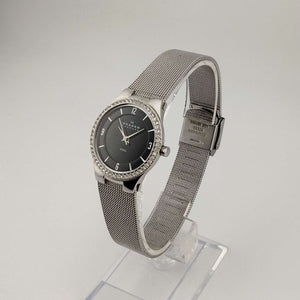 I Like Mikes Mid Century Modern Watches Skagen Women's Silver Tone Watch, Round Black Dial, Bejeweled Bezel, Adjustable Mesh Strap