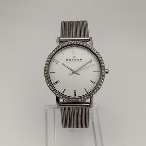 I Like Mikes Mid Century Modern Watches Skagen Women's Silver Tone Watch, Round Dial, Bejeweled Bezel, Adjustable Mesh Strap