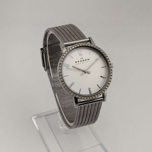 I Like Mikes Mid Century Modern Watches Skagen Women's Silver Tone Watch, Round Dial, Bejeweled Bezel, Adjustable Mesh Strap