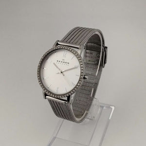 I Like Mikes Mid Century Modern Watches Skagen Women's Silver Tone Watch, Round Dial, Bejeweled Bezel, Adjustable Mesh Strap