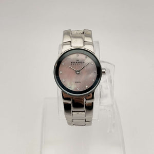 I Like Mikes Mid Century Modern Watches Skagen Women's Silver Tone Watch, Round Pink Mother of Pearl Dial, Bracelet Strap