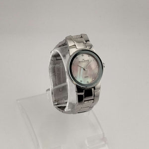 I Like Mikes Mid Century Modern Watches Skagen Women's Silver Tone Watch, Round Pink Mother of Pearl Dial, Bracelet Strap