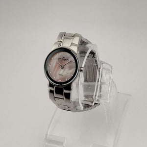 I Like Mikes Mid Century Modern Watches Skagen Women's Silver Tone Watch, Round Pink Mother of Pearl Dial, Bracelet Strap