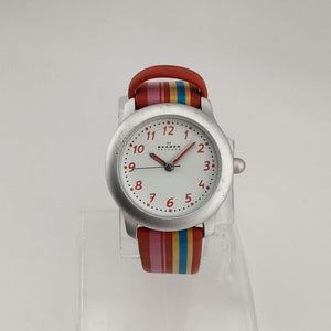I Like Mikes Mid Century Modern Watches Skagen Women's Silver Tone Watch, Round White Dial, Rainbow Rubber Strap