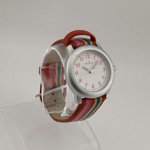 I Like Mikes Mid Century Modern Watches Skagen Women's Silver Tone Watch, Round White Dial, Rainbow Rubber Strap