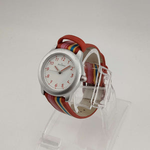 I Like Mikes Mid Century Modern Watches Skagen Women's Silver Tone Watch, Round White Dial, Rainbow Rubber Strap