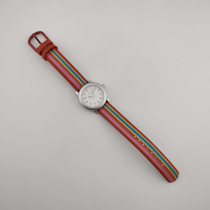I Like Mikes Mid Century Modern Watches Skagen Women's Silver Tone Watch, Round White Dial, Rainbow Rubber Strap
