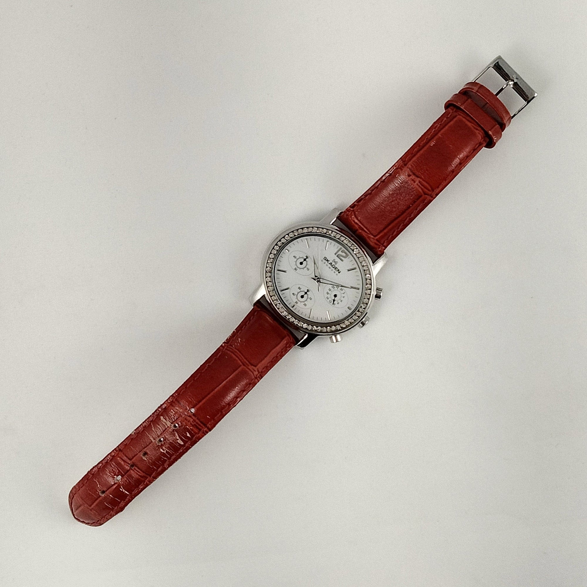 I Like Mikes Mid Century Modern Watches Skagen Women's Stainless Steel Chronograph Watch, Jewel Framed Face, Red Genuine Leather Strap