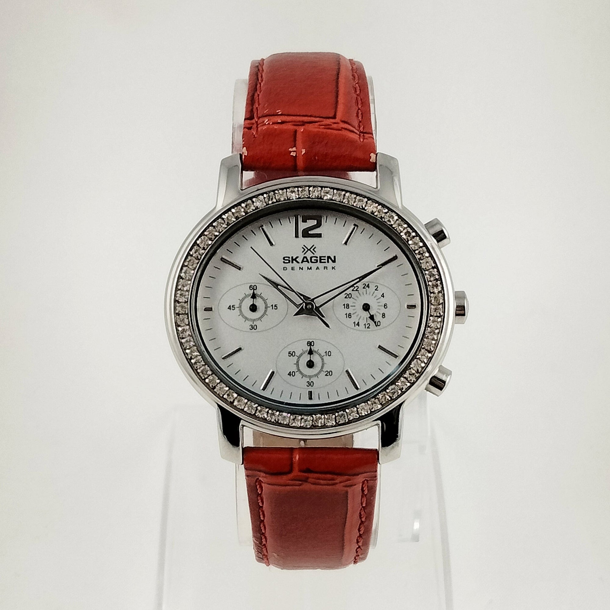 I Like Mikes Mid Century Modern Watches Skagen Women's Stainless Steel Chronograph Watch, Jewel Framed Face, Red Genuine Leather Strap