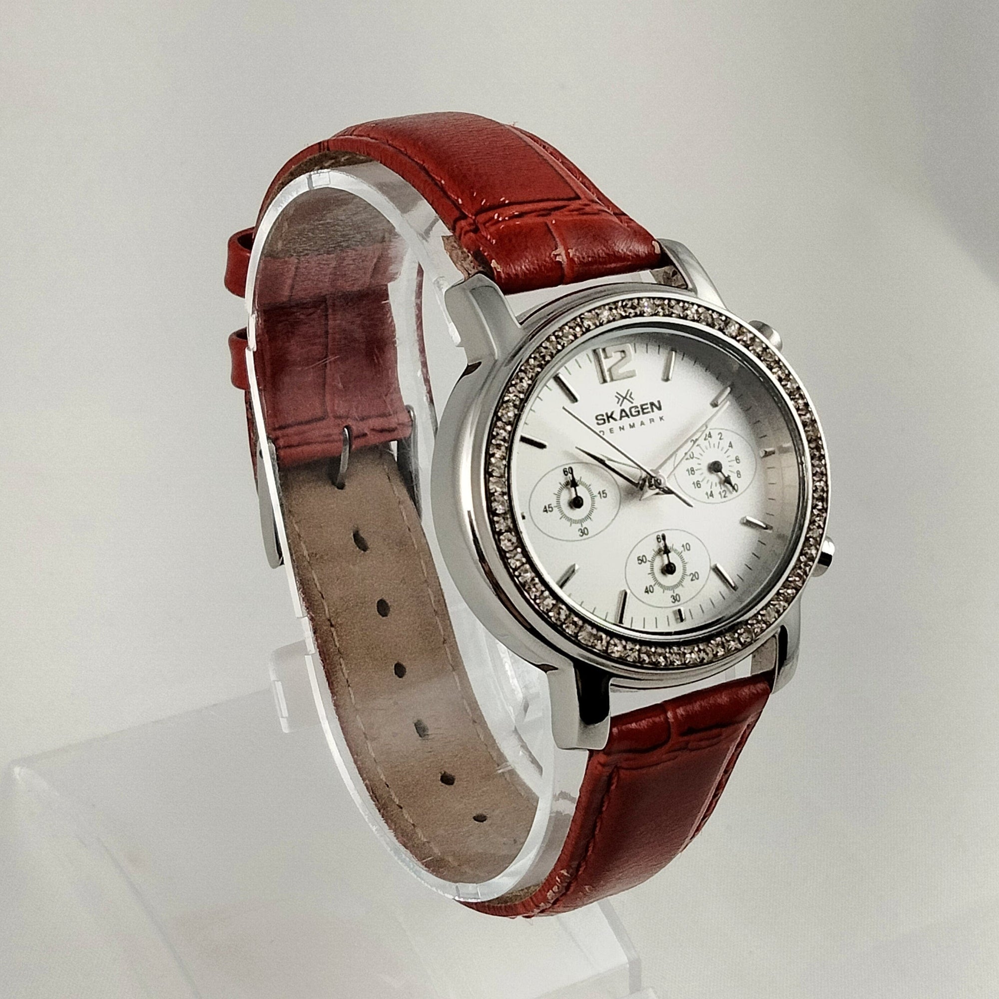 I Like Mikes Mid Century Modern Watches Skagen Women's Stainless Steel Chronograph Watch, Jewel Framed Face, Red Genuine Leather Strap