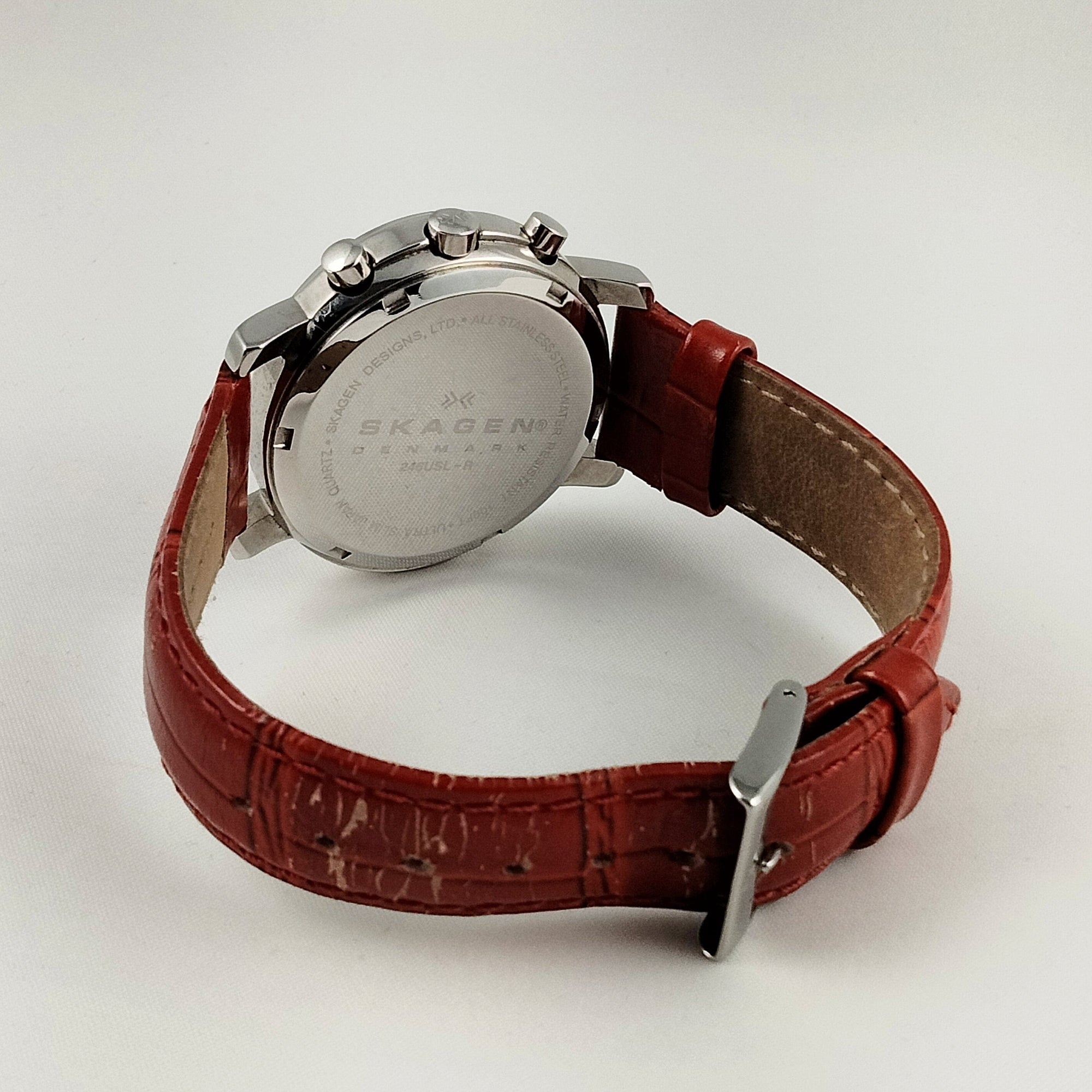 I Like Mikes Mid Century Modern Watches Skagen Women's Stainless Steel Chronograph Watch, Jewel Framed Face, Red Genuine Leather Strap