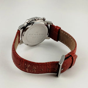 I Like Mikes Mid Century Modern Watches Skagen Women's Stainless Steel Chronograph Watch, Jewel Framed Face, Red Genuine Leather Strap