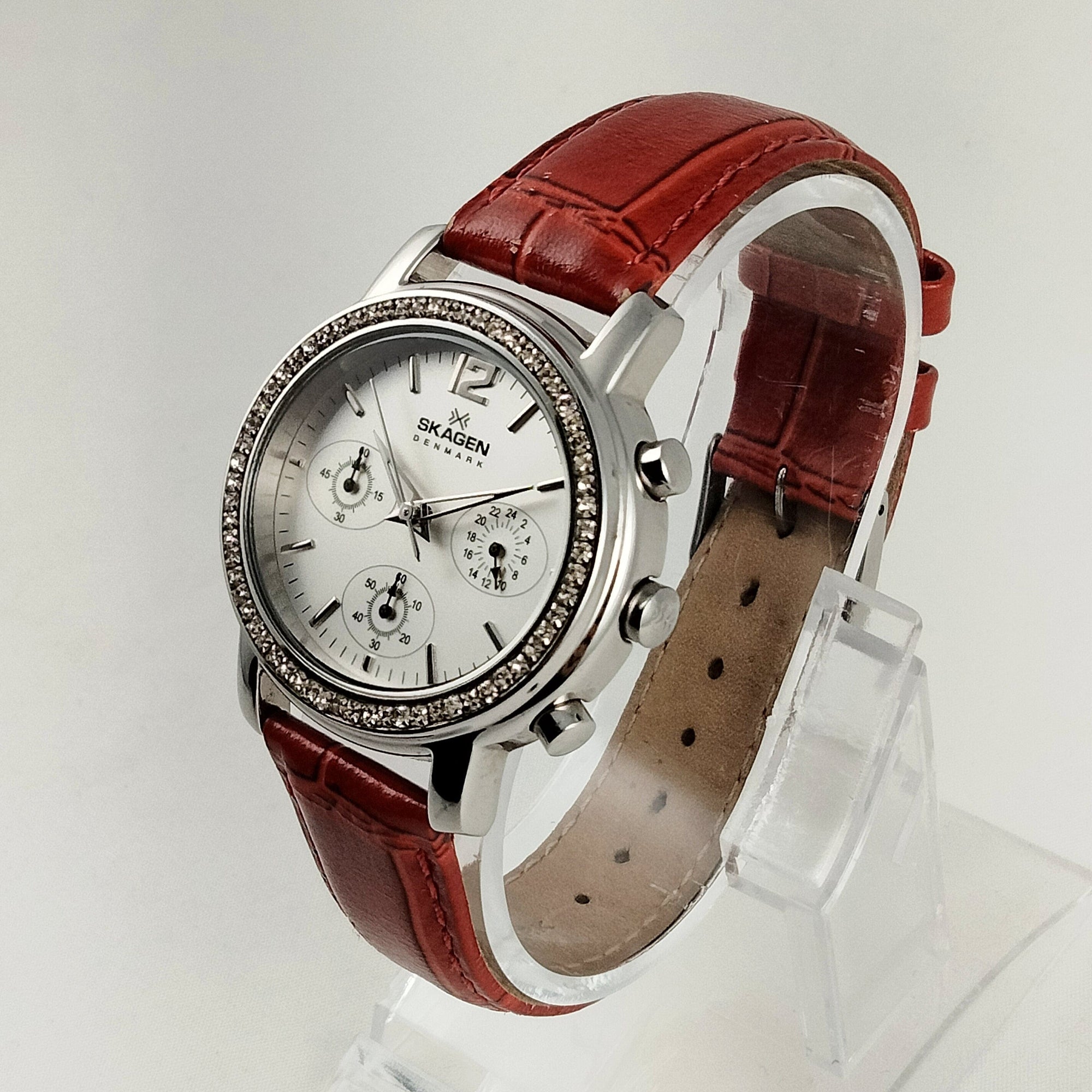 I Like Mikes Mid Century Modern Watches Skagen Women's Stainless Steel Chronograph Watch, Jewel Framed Face, Red Genuine Leather Strap