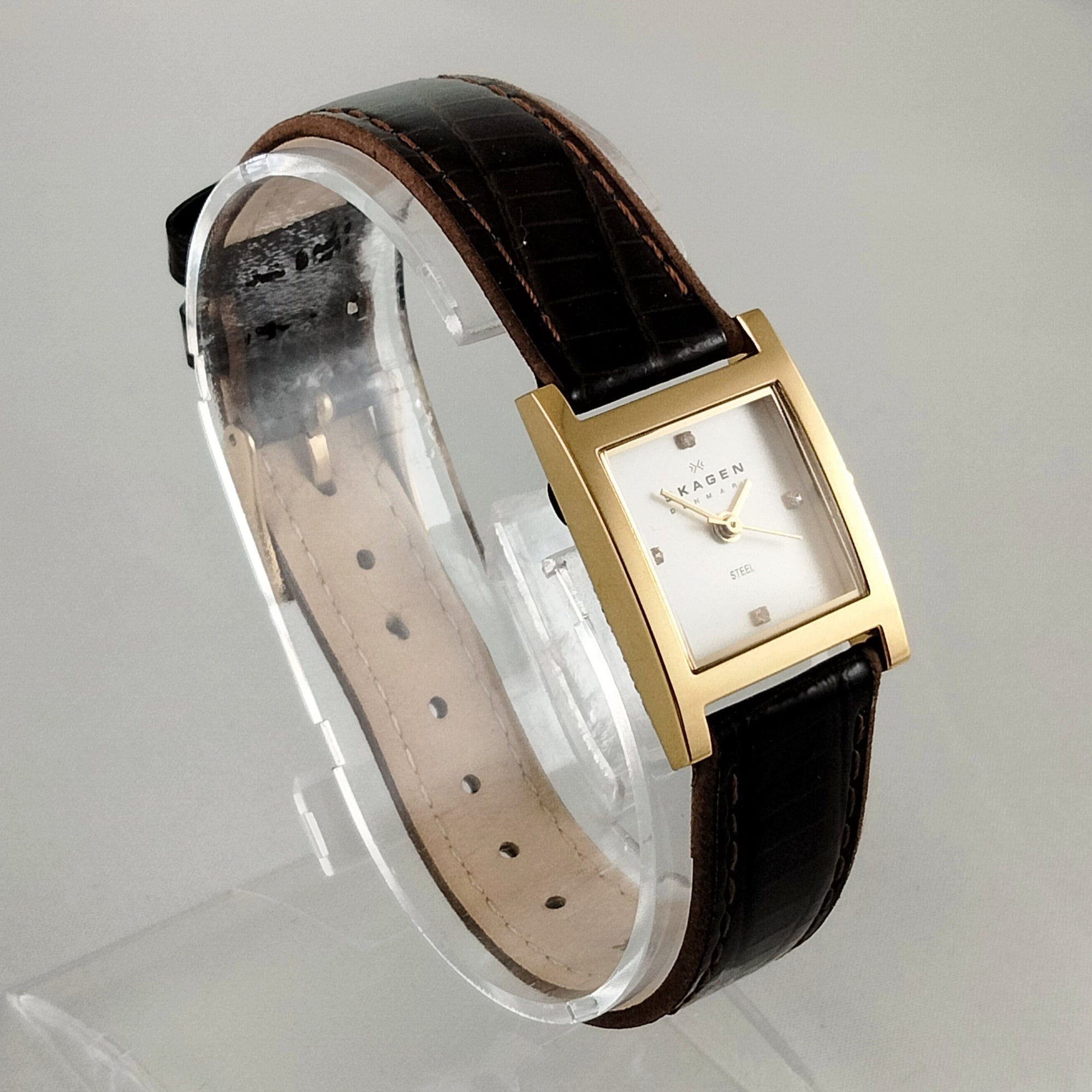 I Like Mikes Mid Century Modern Watches Skagen Women's Stainless Steel Gold Tone Square Watch, White Dial, Brown Patent Leather Strap