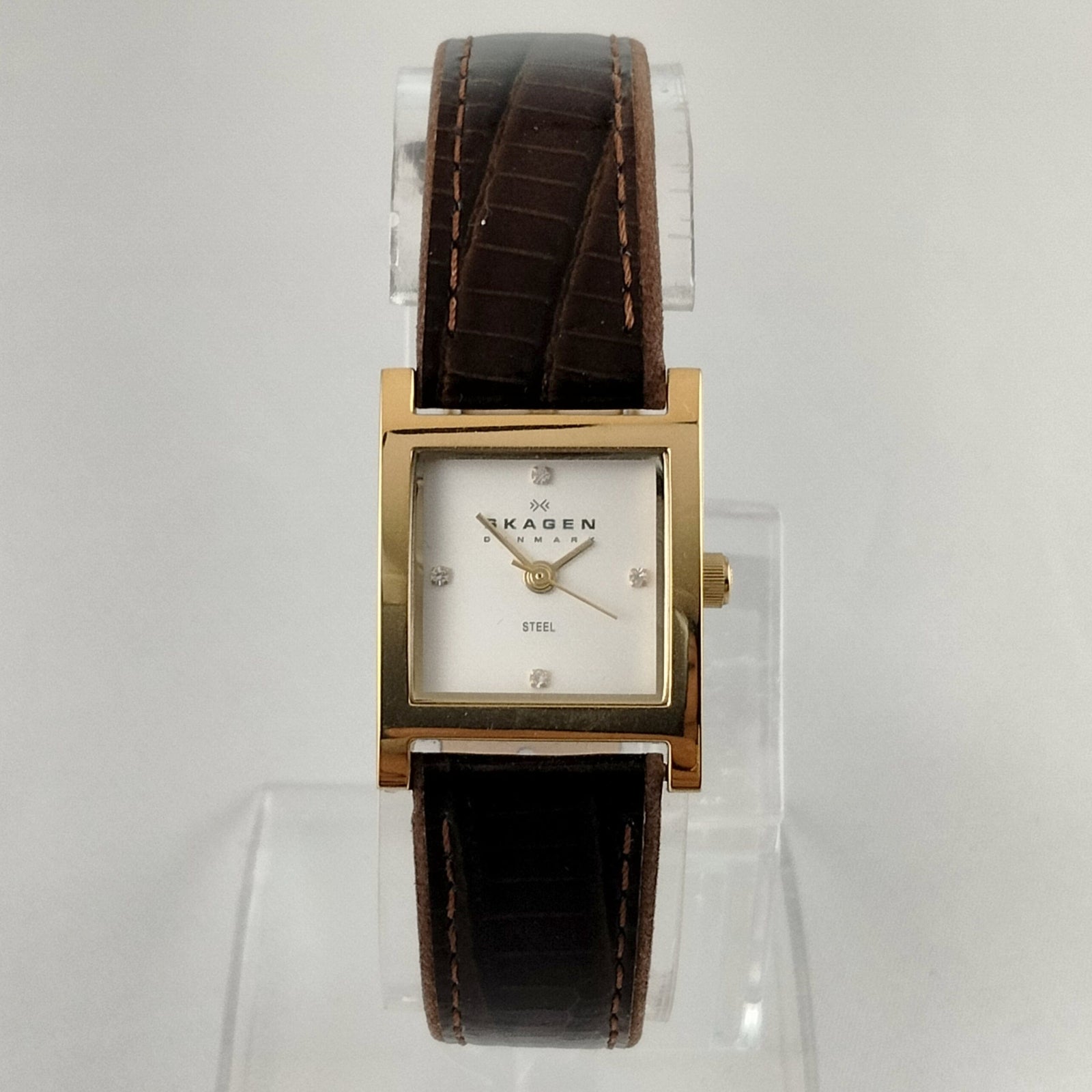 I Like Mikes Mid Century Modern Watches Skagen Women's Stainless Steel Gold Tone Square Watch, White Dial, Brown Patent Leather Strap