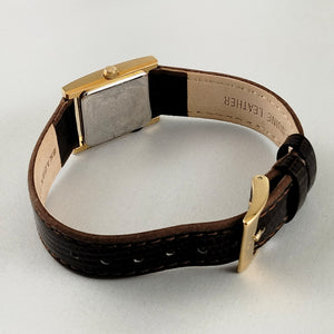 I Like Mikes Mid Century Modern Watches Skagen Women's Stainless Steel Gold Tone Square Watch, White Dial, Brown Patent Leather Strap
